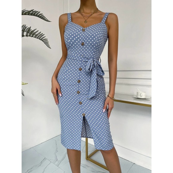Polka Dot faux Button down Split Hem Belted Cami Bodycon Dress blue - Picture 6 of 6